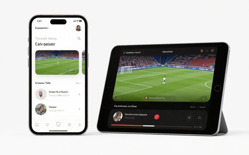 手机与平板上显示直播与回放界面概念图，强调清晰度与离线观看选择